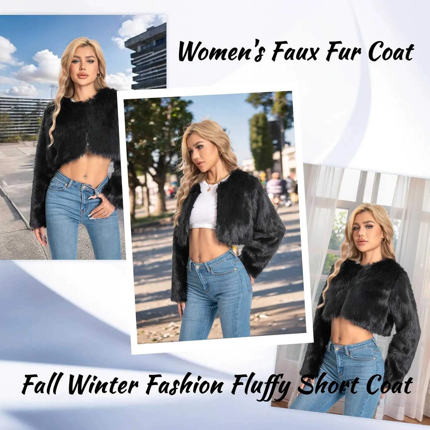 Petite Cropped Fur Coat for Women, Faux Furry Long Sleeve Fluffy Jacket Open Front Winter Shaggy Warm Outwear.