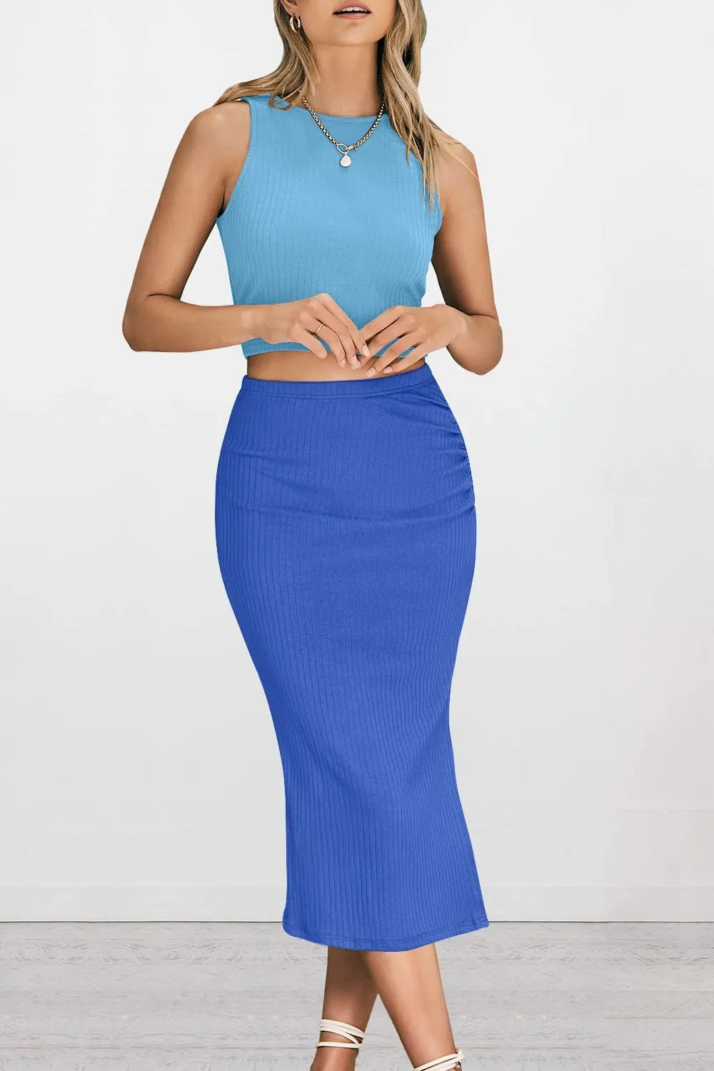 PRETTYGARDEN Women's 2 Piece Summer Outfits Crewneck Tank Tops Split Bodycon Midi Skirt Set