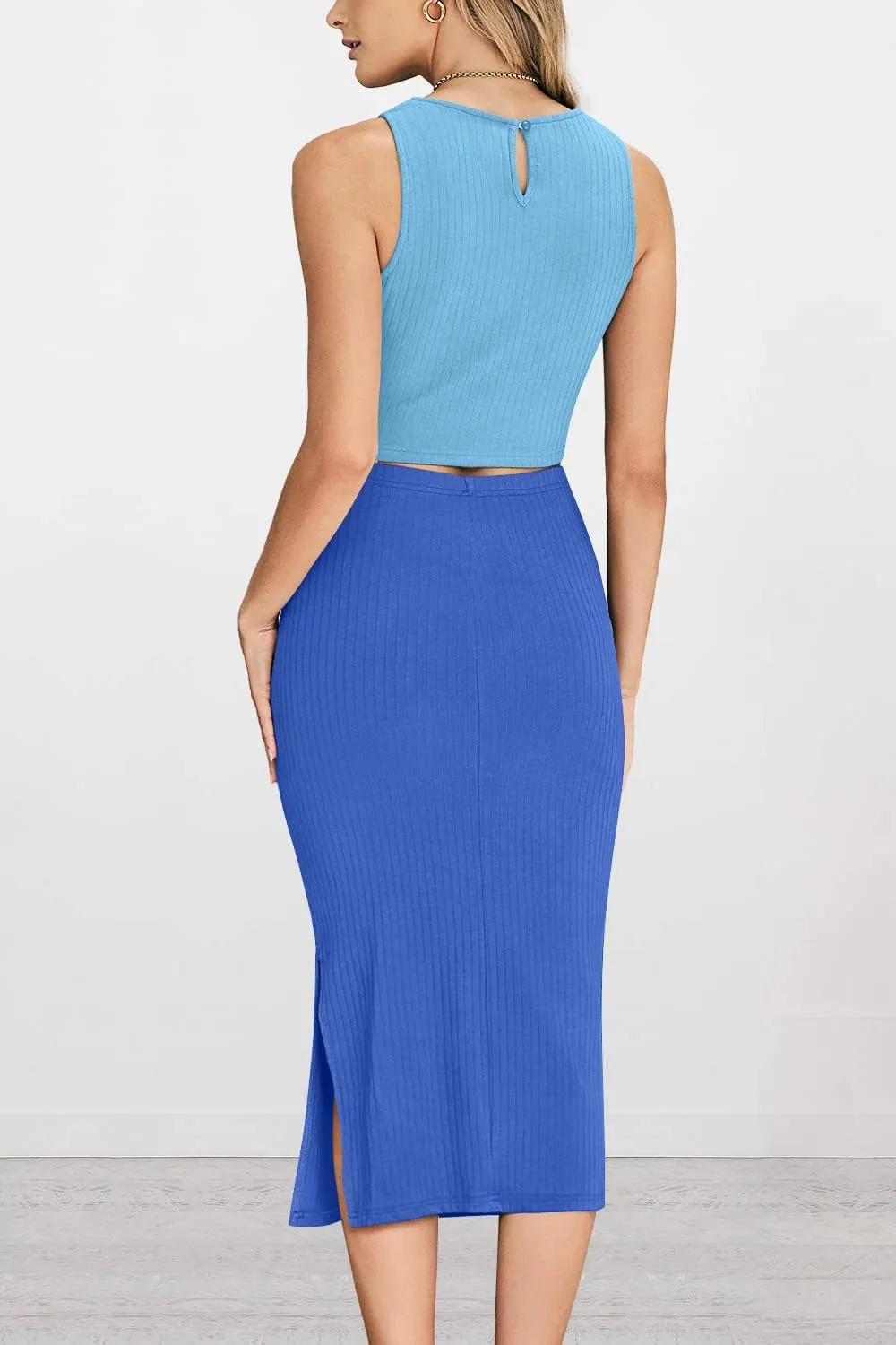 PRETTYGARDEN Women's 2 Piece Summer Outfits Crewneck Tank Tops Split Bodycon Midi Skirt Set
