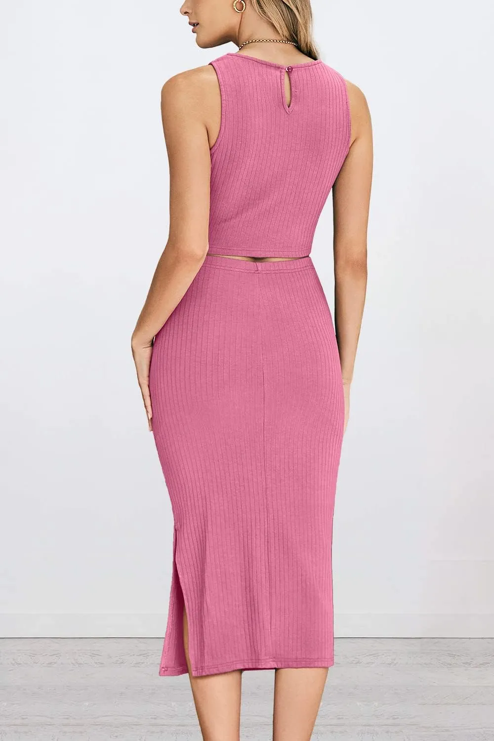 PRETTYGARDEN Women's 2 Piece Summer Outfits Crewneck Tank Tops Split Bodycon Midi Skirt Set