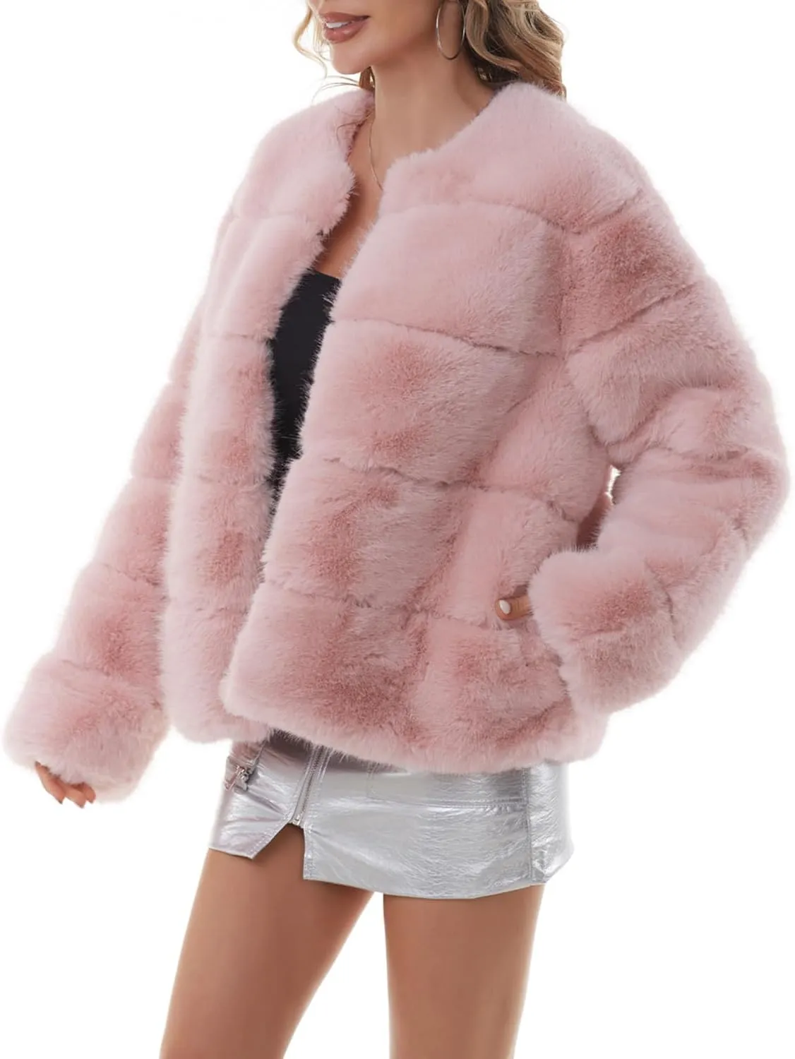 QUENTY PIELIES Faux Fur Coat Womens Jacket Winter Long Sleeve Overcoat Warm