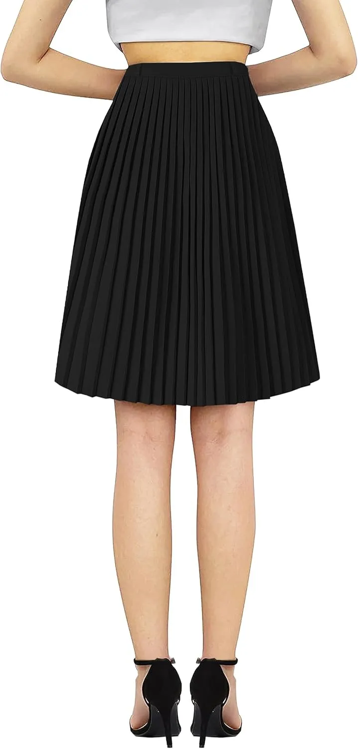 SANGTREE Women Midi Pleated Skirt, Stretchy High Waisted Casual Flowy Accordion Outdoor Travel Weekend Skirt