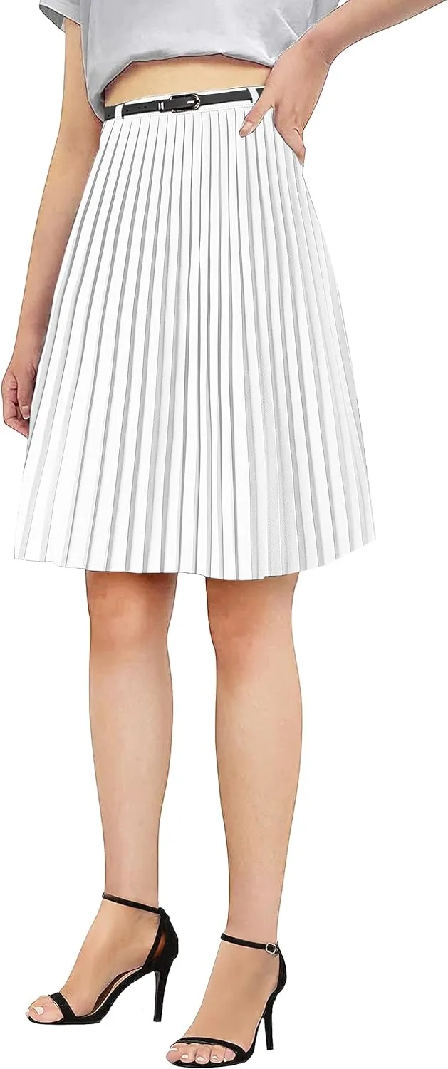 SANGTREE Women Midi Pleated Skirt, Stretchy High Waisted Casual Flowy Accordion Outdoor Travel Weekend Skirt