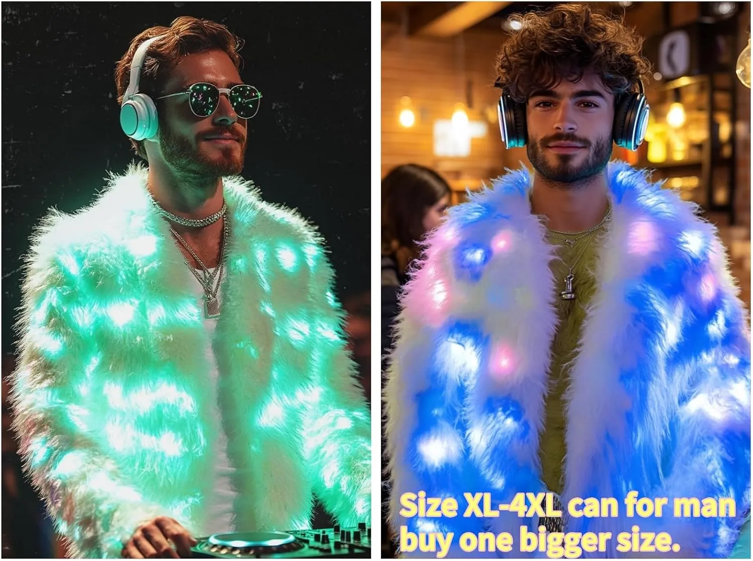 SHINYOU Women Faux Fur Jacket LED Light Up Jacket Halloween Chirstmas Music Festival Gift Winter Night Out Coat Plus Size