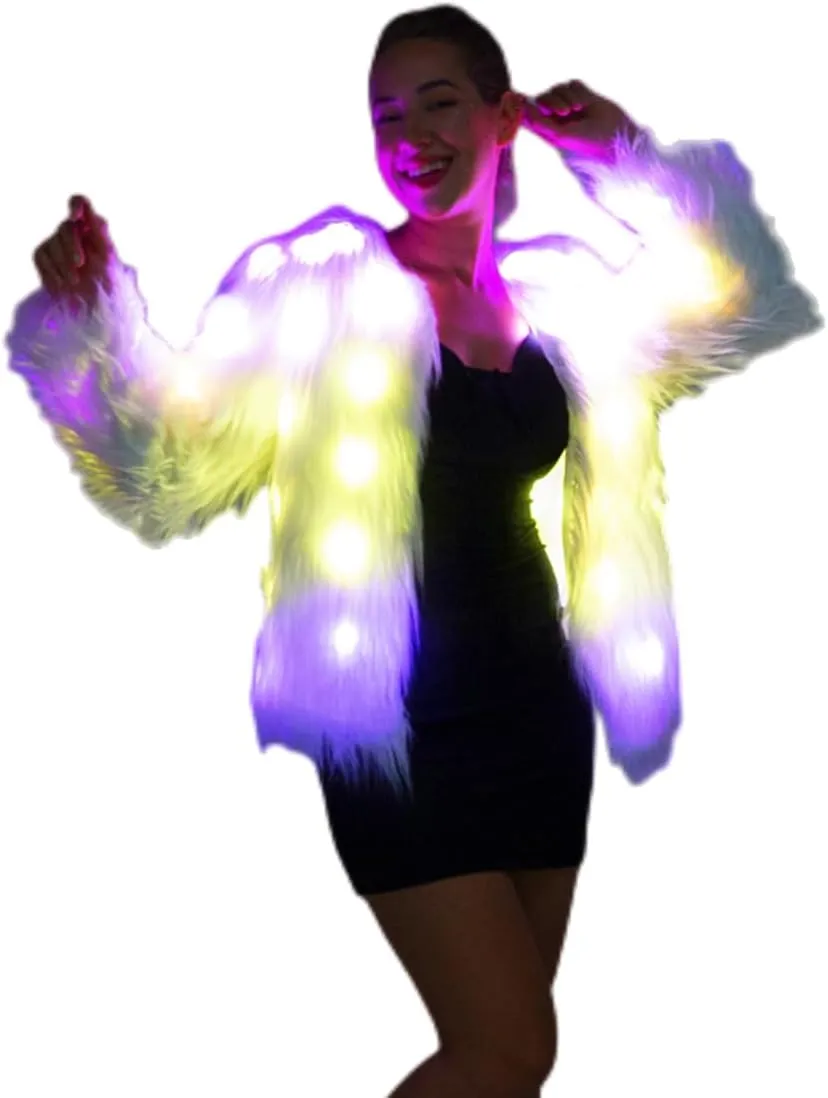 SHINYOU Women Faux Fur Jacket LED Light Up Jacket Halloween Chirstmas Music Festival Gift Winter Night Out Coat Plus Size