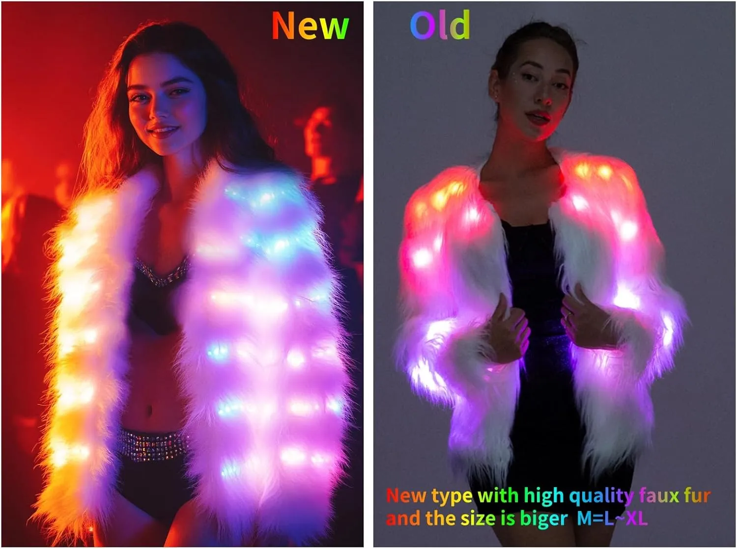 SHINYOU Women Faux Fur Jacket LED Light Up Jacket Halloween Chirstmas Music Festival Gift Winter Night Out Coat Plus Size