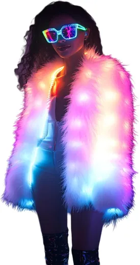 SHINYOU Women Faux Fur Jacket LED Light Up Jacket Halloween Chirstmas Music Festival Gift Winter Night Out Coat Plus Size