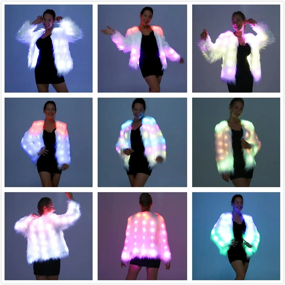 SHINYOU Women Faux Fur Jacket LED Light Up Jacket Halloween Chirstmas Music Festival Gift Winter Night Out Coat Plus Size