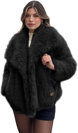 Shiyifa Faux Fur Coat for Women Fluffy Faux Fur Jacket Long Sleeve Open Front Cropped Fuzzy Outerwear