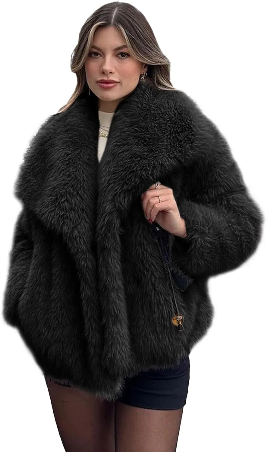 Shiyifa Faux Fur Coat for Women Fluffy Faux Fur Jacket Long Sleeve Open Front Cropped Fuzzy Outerwear