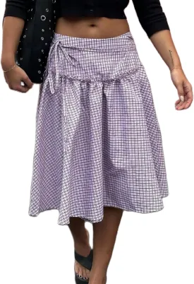 UAURORAO Women Gingham Midi Skirt Tie Up Waist Wrap Skirts Plaid Frill Ruffle Patchwork Maxi Skirt Vintage Streetwear