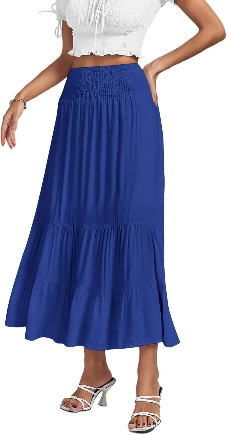 Umenlele Women's Casual Elastic High Waist A-line Tiered Ruffle Flounce Midi Long Skirt