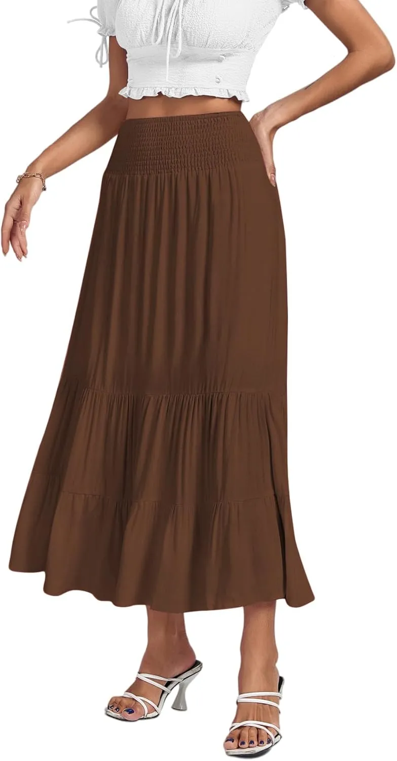 Umenlele Women's Casual Elastic High Waist A-line Tiered Ruffle Flounce Midi Long Skirt