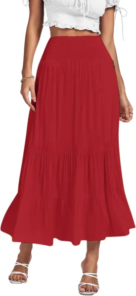 Umenlele Women's Casual Elastic High Waist A-line Tiered Ruffle Flounce Midi Long Skirt