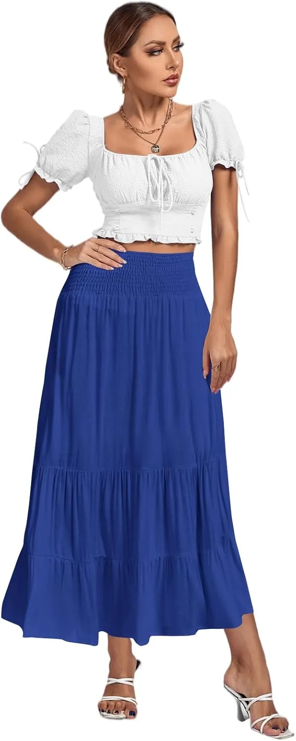 Umenlele Women's Casual Elastic High Waist A-line Tiered Ruffle Flounce Midi Long Skirt