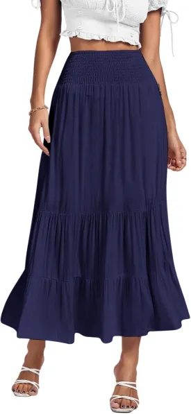 Umenlele Women's Casual Elastic High Waist A-line Tiered Ruffle Flounce Midi Long Skirt