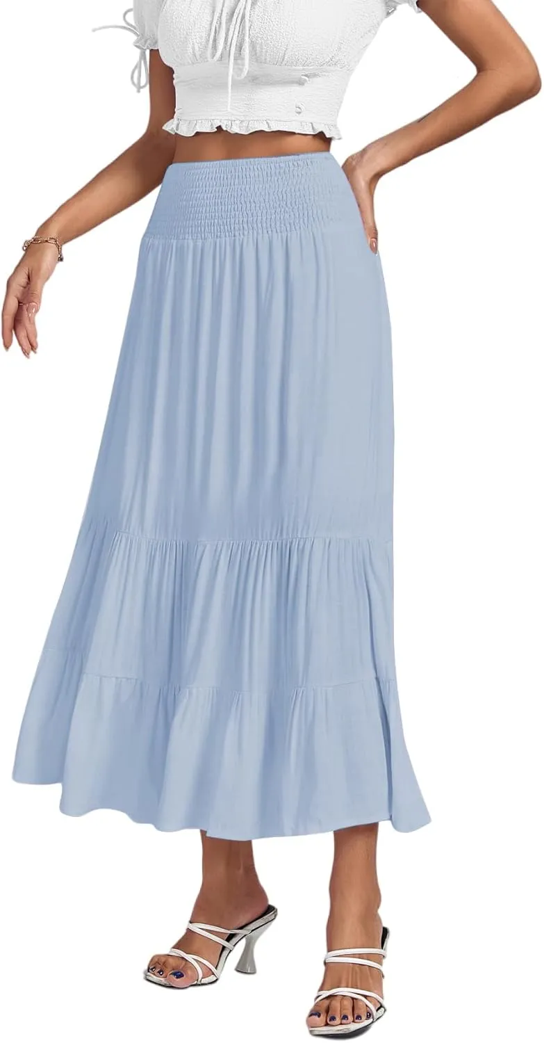 Umenlele Women's Casual Elastic High Waist A-line Tiered Ruffle Flounce Midi Long Skirt