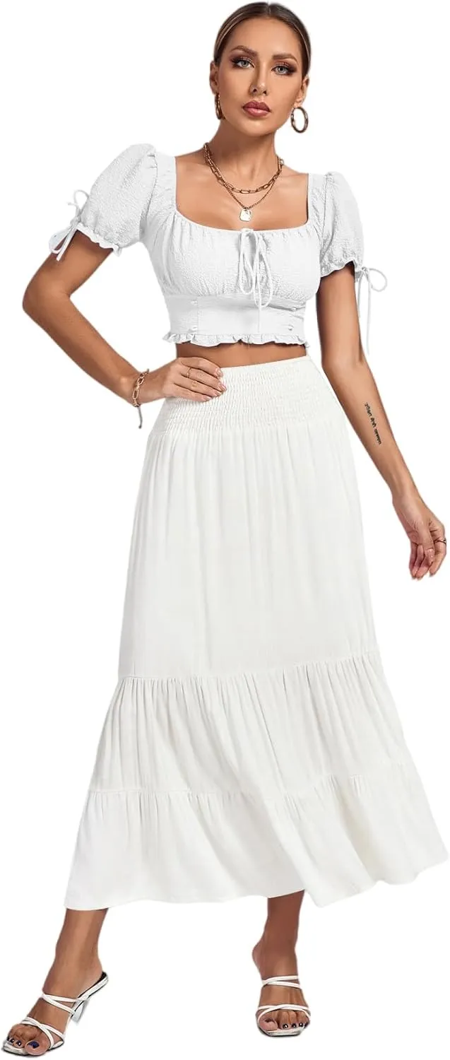 Umenlele Women's Casual Elastic High Waist A-line Tiered Ruffle Flounce Midi Long Skirt