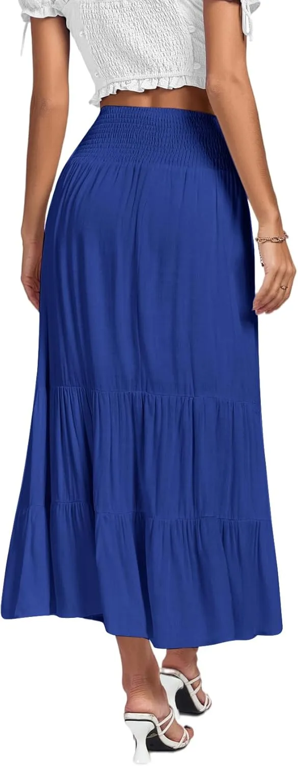 Umenlele Women's Casual Elastic High Waist A-line Tiered Ruffle Flounce Midi Long Skirt