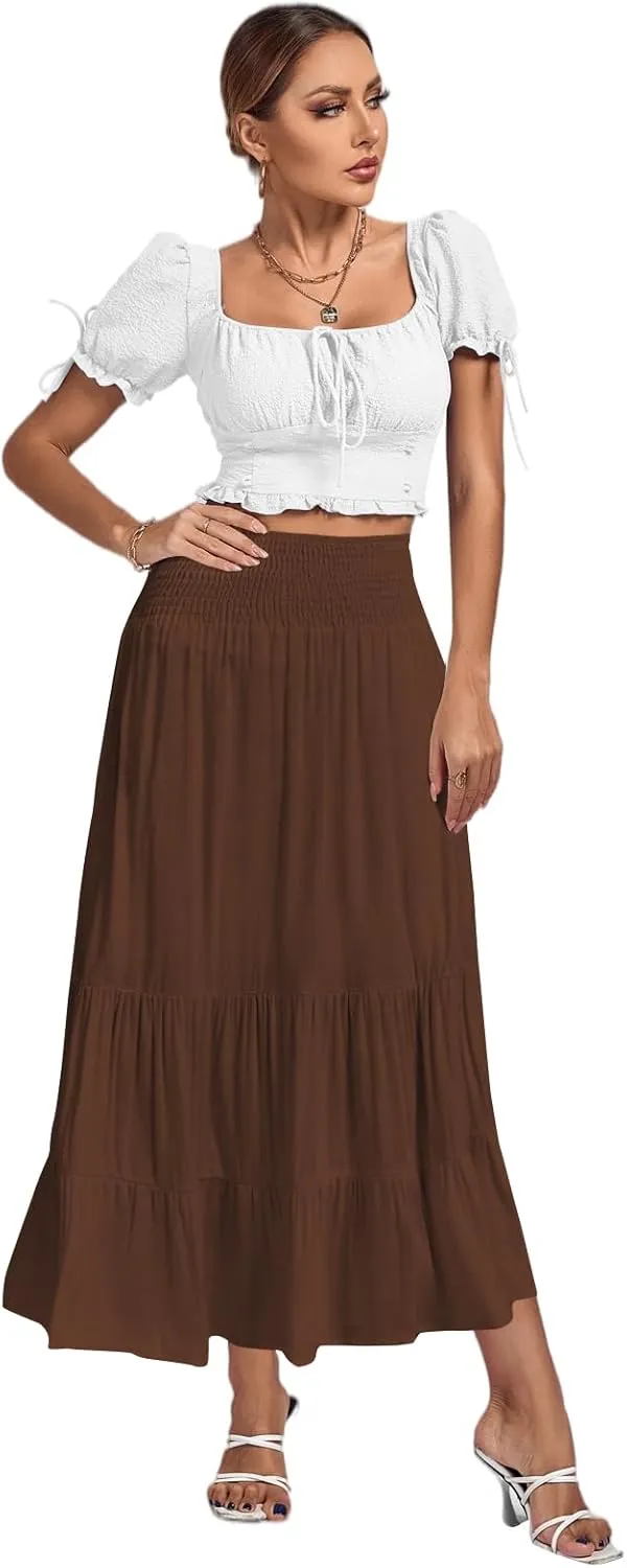 Umenlele Women's Casual Elastic High Waist A-line Tiered Ruffle Flounce Midi Long Skirt