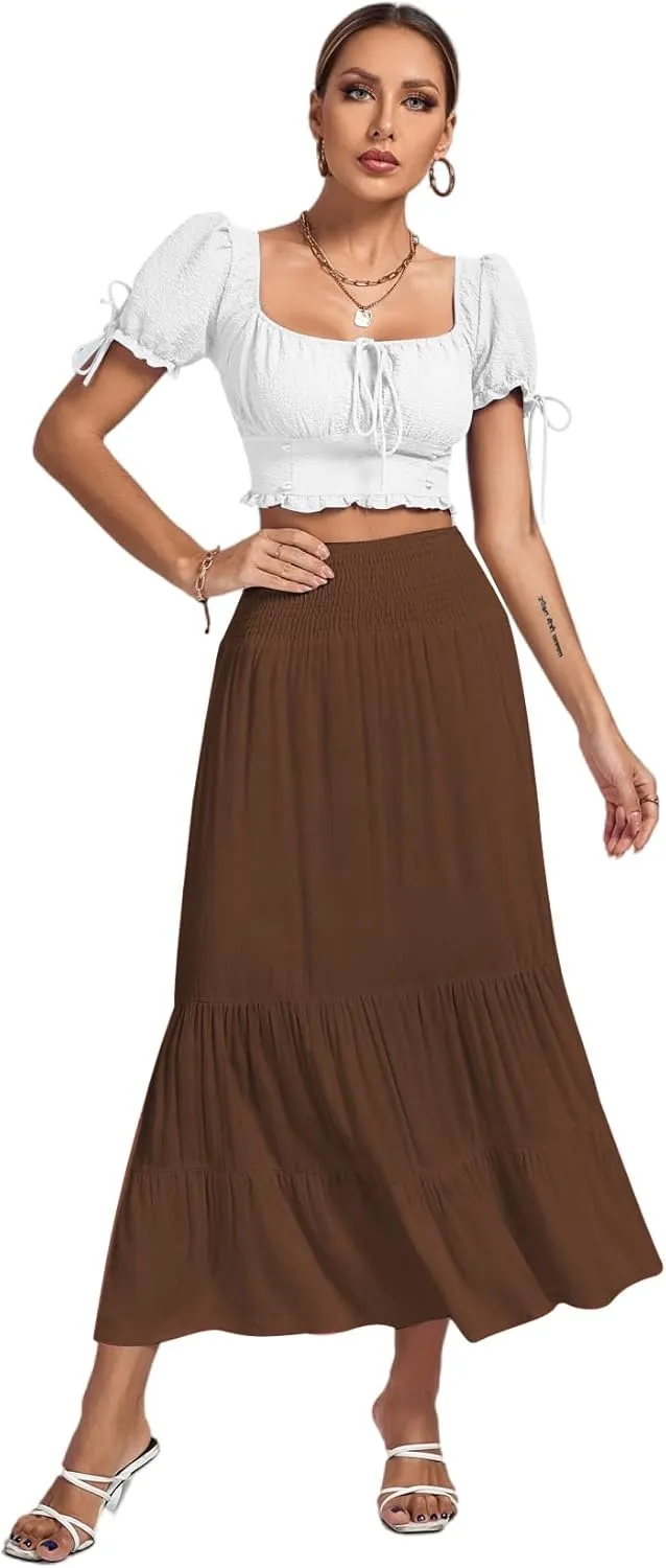 Umenlele Women's Casual Elastic High Waist A-line Tiered Ruffle Flounce Midi Long Skirt