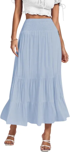 Umenlele Women's Casual Elastic High Waist A-line Tiered Ruffle Flounce Midi Long Skirt