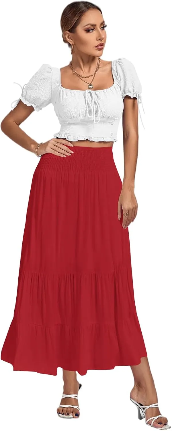 Umenlele Women's Casual Elastic High Waist A-line Tiered Ruffle Flounce Midi Long Skirt