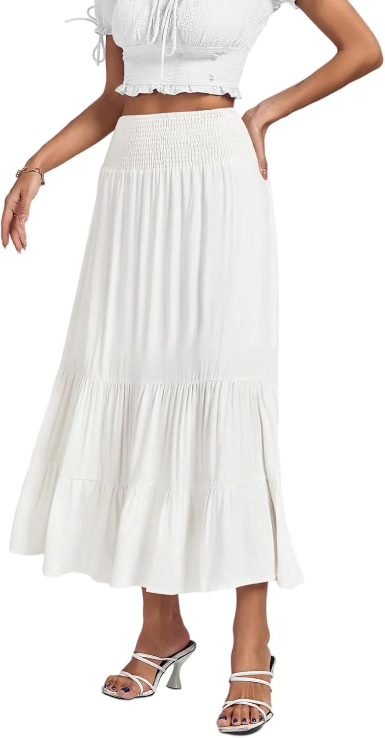 Umenlele Women's Casual Elastic High Waist A-line Tiered Ruffle Flounce Midi Long Skirt