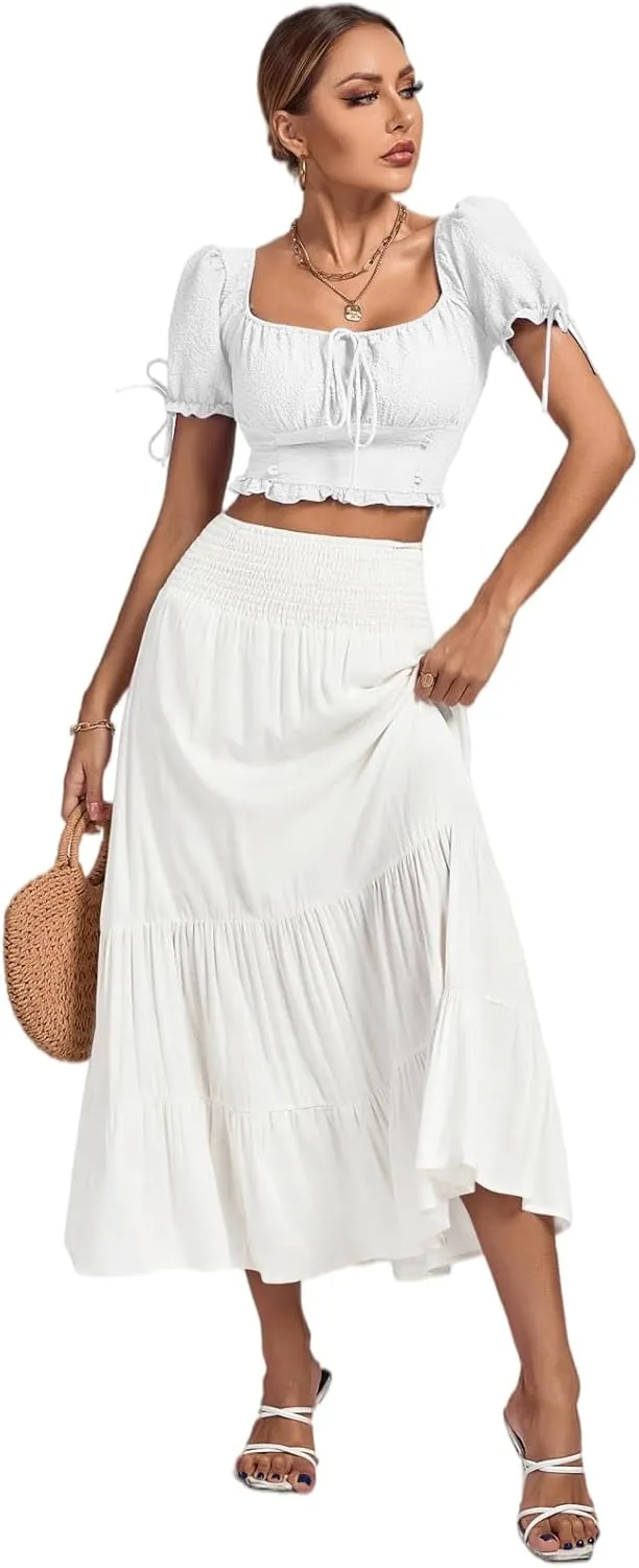 Umenlele Women's Casual Elastic High Waist A-line Tiered Ruffle Flounce Midi Long Skirt