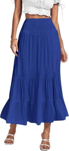 Umenlele Women's Casual Elastic High Waist A-line Tiered Ruffle Flounce Midi Long Skirt