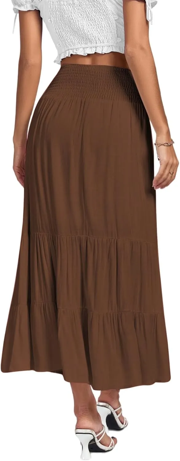 Umenlele Women's Casual Elastic High Waist A-line Tiered Ruffle Flounce Midi Long Skirt