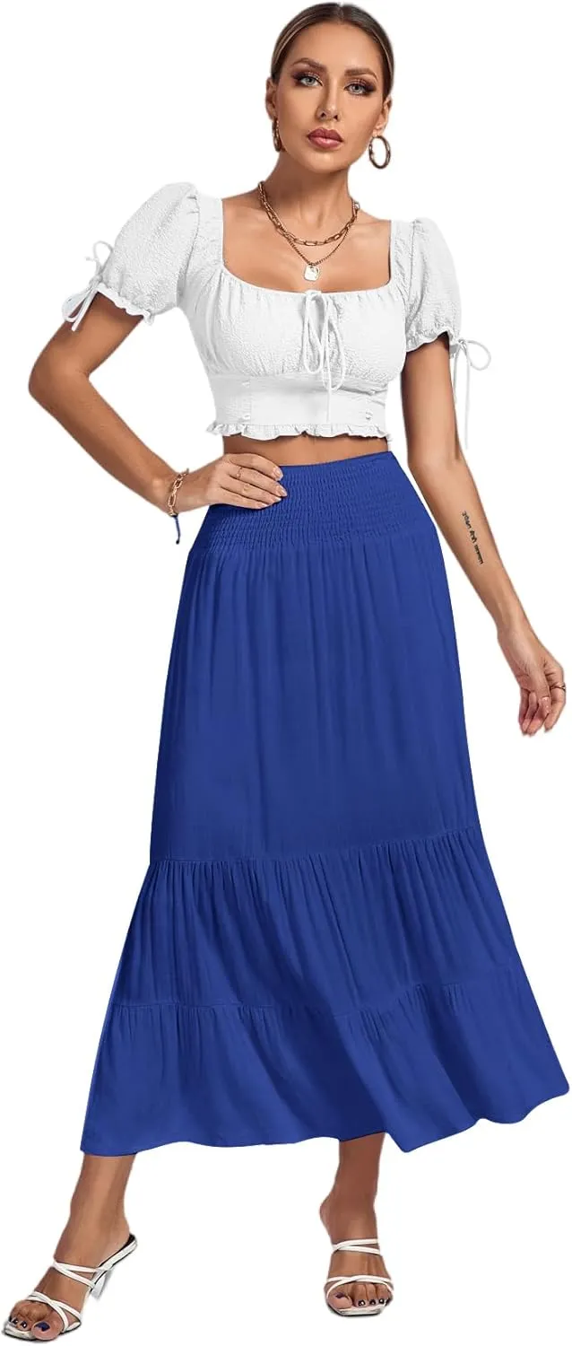 Umenlele Women's Casual Elastic High Waist A-line Tiered Ruffle Flounce Midi Long Skirt