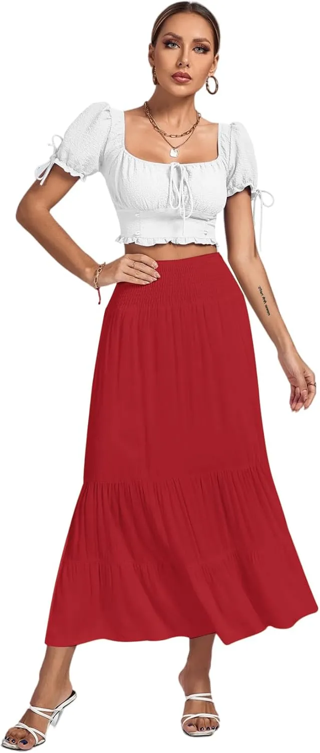 Umenlele Women's Casual Elastic High Waist A-line Tiered Ruffle Flounce Midi Long Skirt