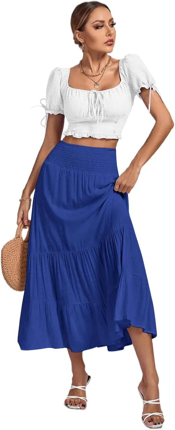 Umenlele Women's Casual Elastic High Waist A-line Tiered Ruffle Flounce Midi Long Skirt