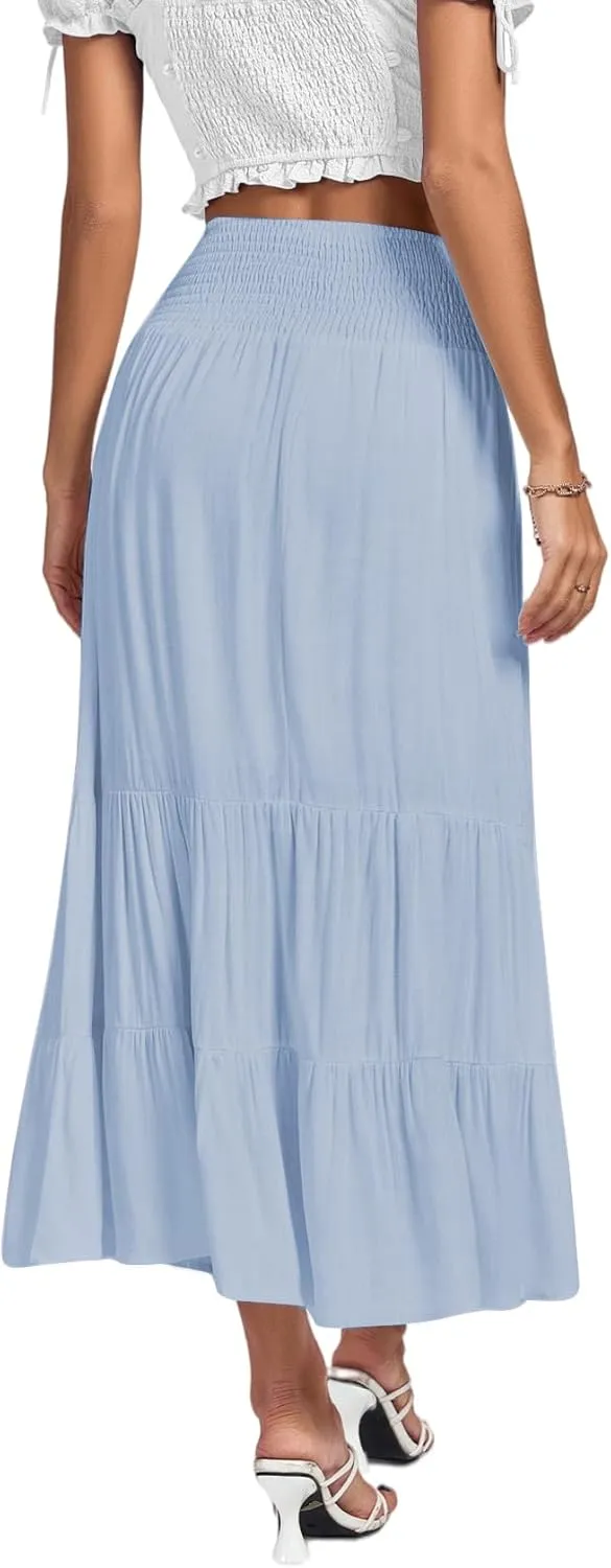 Umenlele Women's Casual Elastic High Waist A-line Tiered Ruffle Flounce Midi Long Skirt