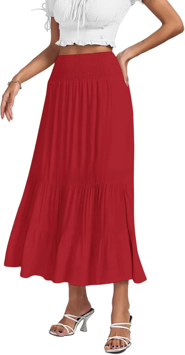 Umenlele Women's Casual Elastic High Waist A-line Tiered Ruffle Flounce Midi Long Skirt