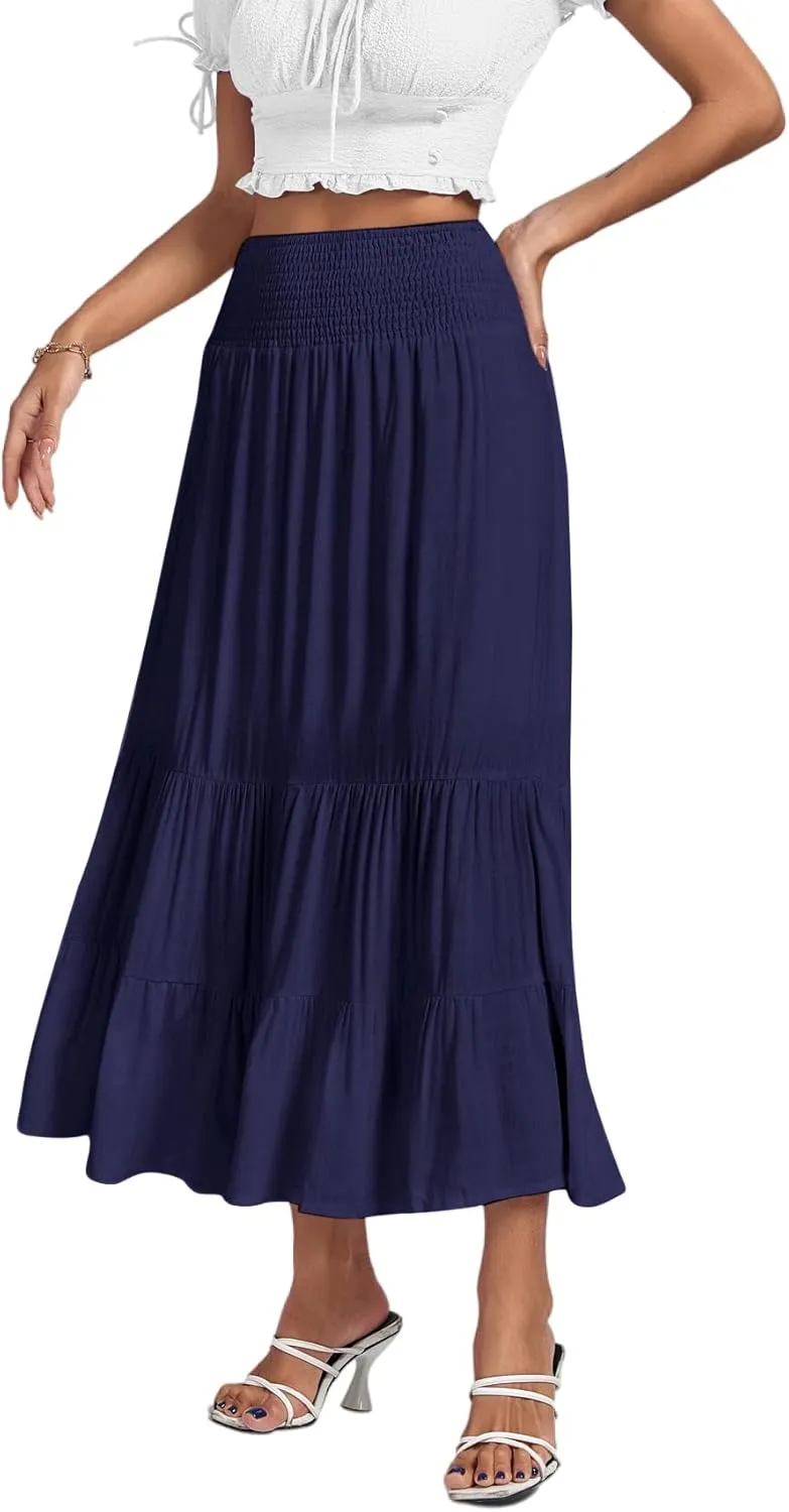 Umenlele Women's Casual Elastic High Waist A-line Tiered Ruffle Flounce Midi Long Skirt