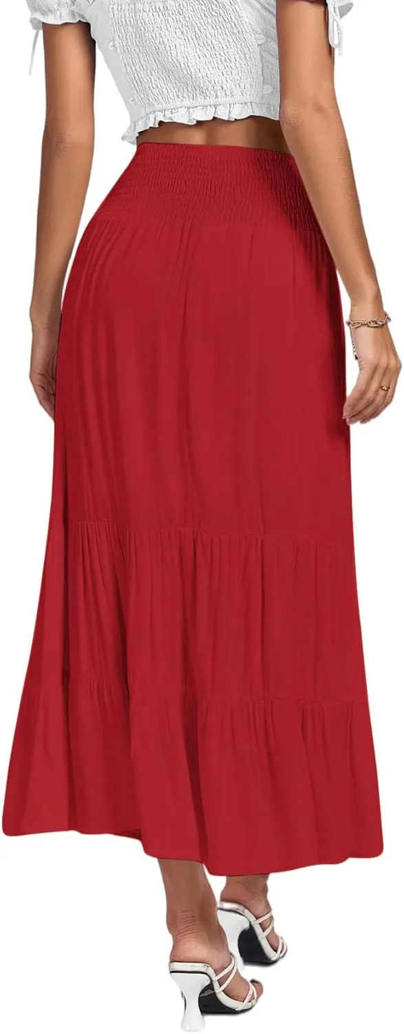 Umenlele Women's Casual Elastic High Waist A-line Tiered Ruffle Flounce Midi Long Skirt