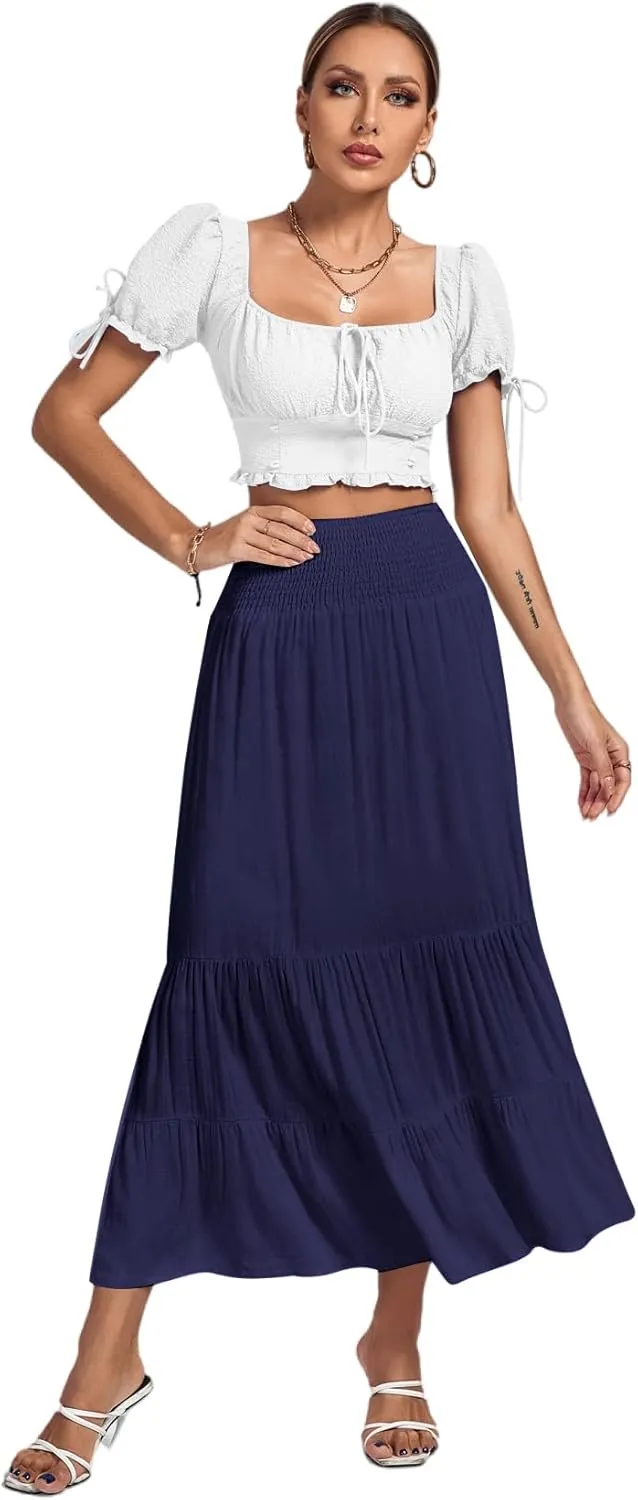 Umenlele Women's Casual Elastic High Waist A-line Tiered Ruffle Flounce Midi Long Skirt