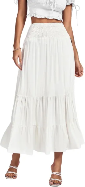 Umenlele Women's Casual Elastic High Waist A-line Tiered Ruffle Flounce Midi Long Skirt