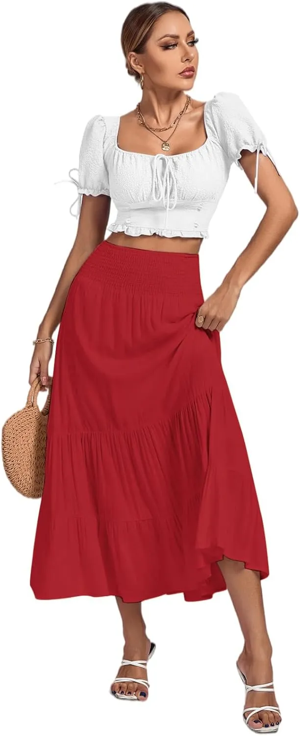 Umenlele Women's Casual Elastic High Waist A-line Tiered Ruffle Flounce Midi Long Skirt