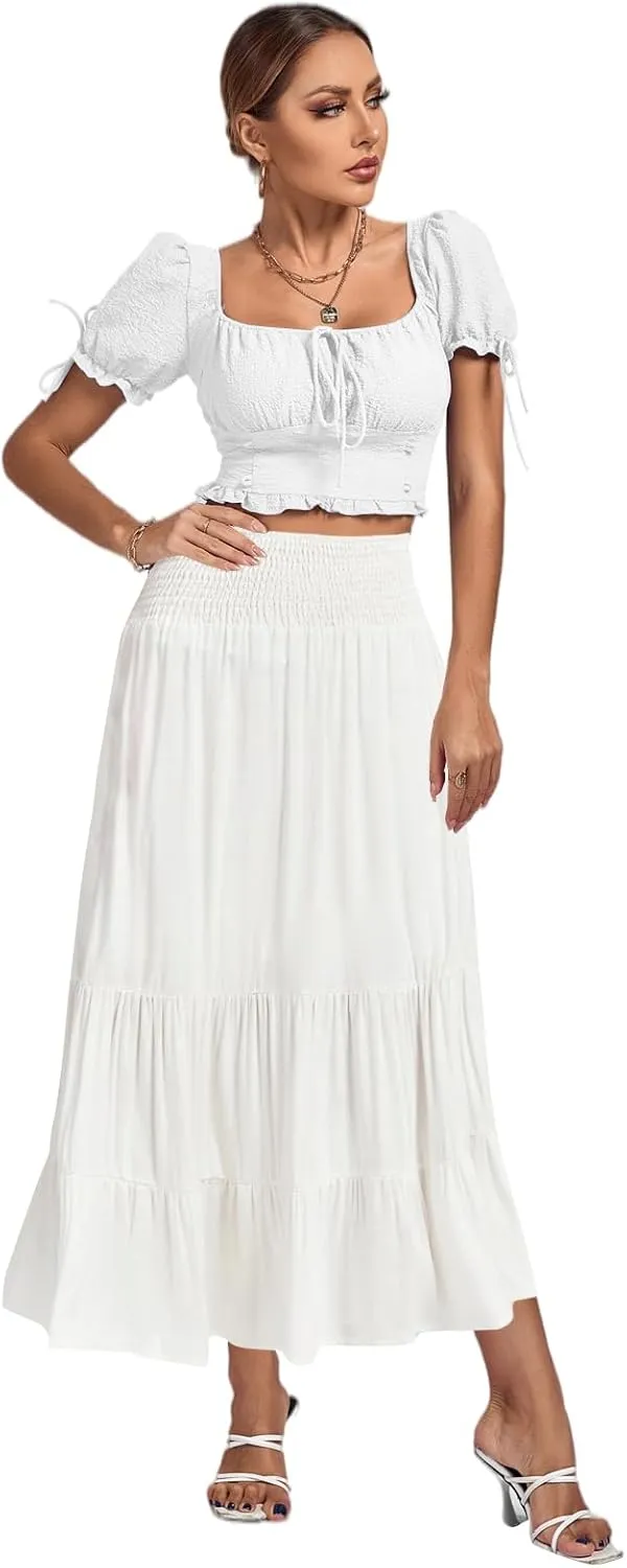 Umenlele Women's Casual Elastic High Waist A-line Tiered Ruffle Flounce Midi Long Skirt