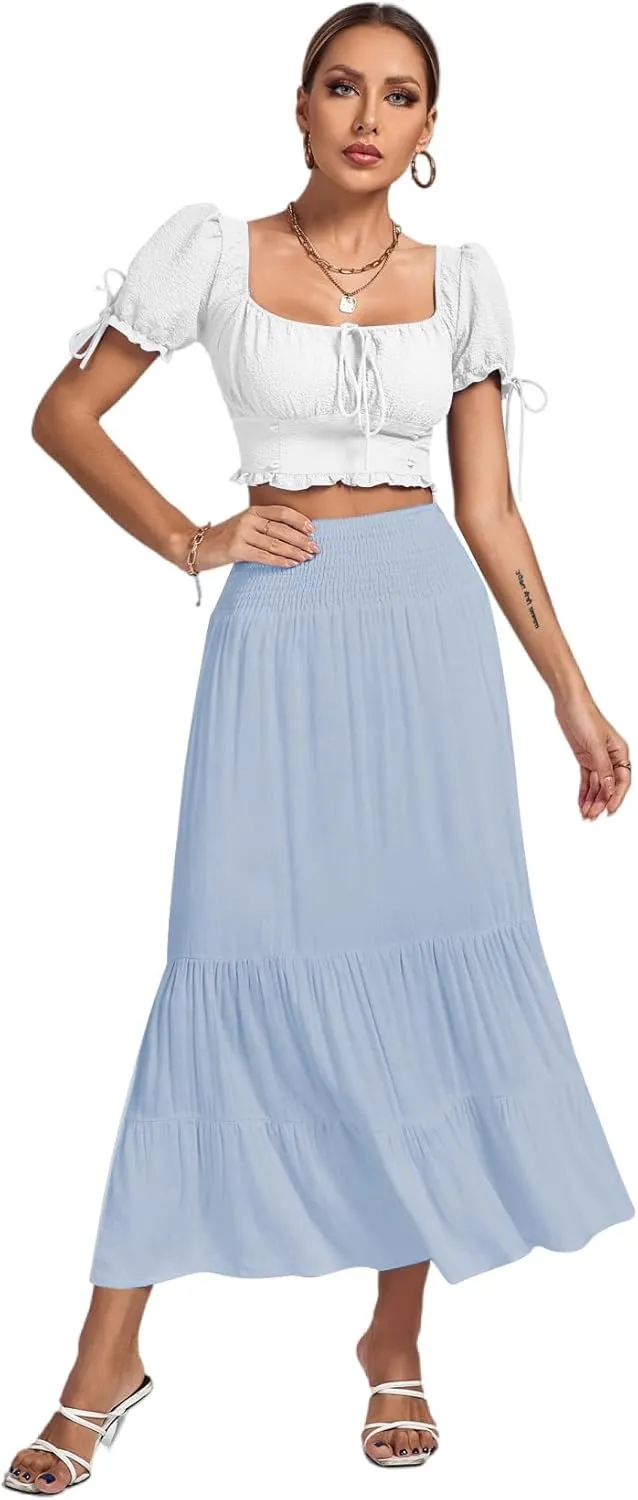 Umenlele Women's Casual Elastic High Waist A-line Tiered Ruffle Flounce Midi Long Skirt