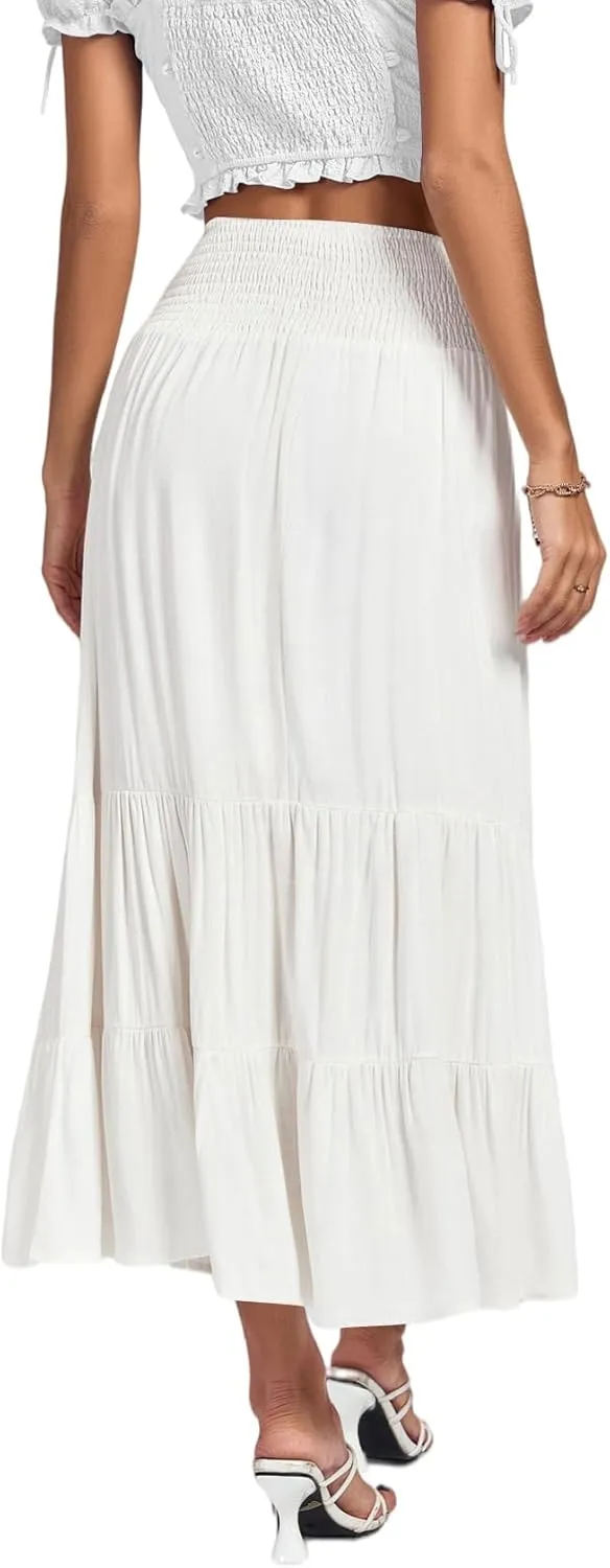 Umenlele Women's Casual Elastic High Waist A-line Tiered Ruffle Flounce Midi Long Skirt