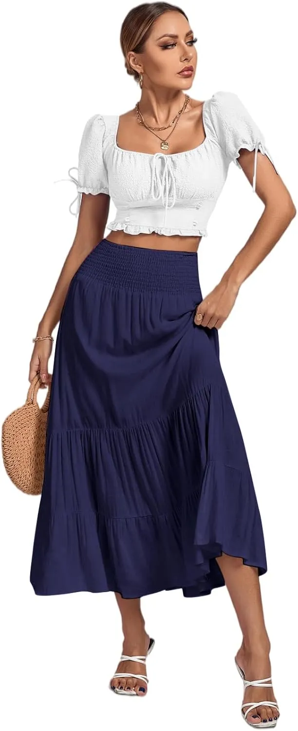 Umenlele Women's Casual Elastic High Waist A-line Tiered Ruffle Flounce Midi Long Skirt