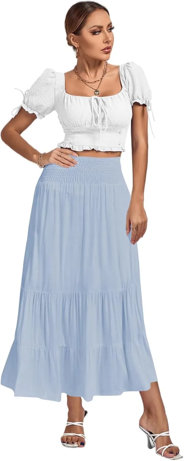 Umenlele Women's Casual Elastic High Waist A-line Tiered Ruffle Flounce Midi Long Skirt