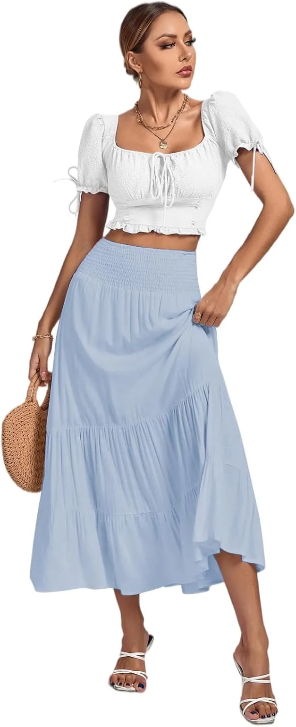 Umenlele Women's Casual Elastic High Waist A-line Tiered Ruffle Flounce Midi Long Skirt