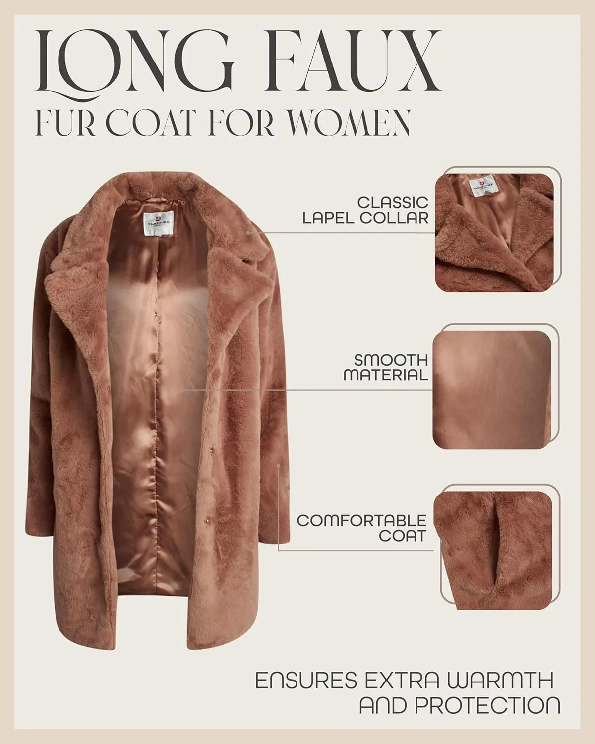 URBAN REPUBLIC Women's Faux Fur Long Coat - Elegant Lapel Collared Long Winter Coat - Stylish Outdoor Coats for Women (S-XL)