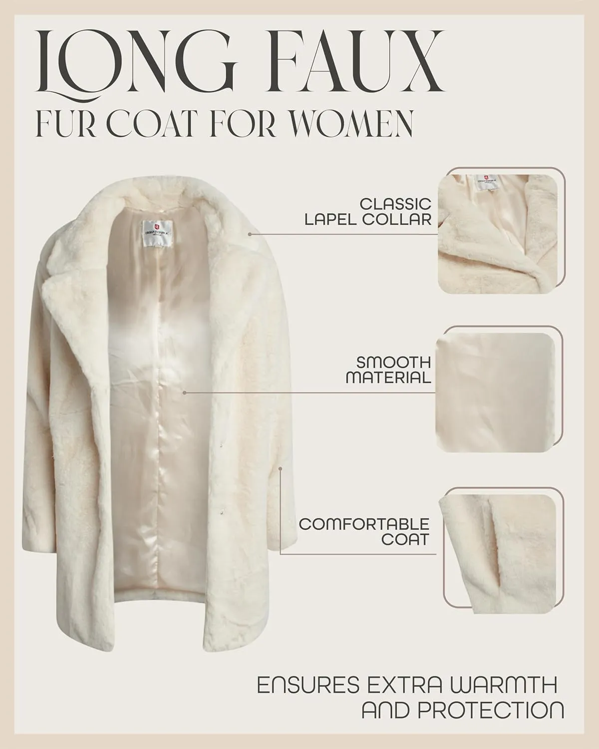 URBAN REPUBLIC Women's Faux Fur Long Coat - Elegant Lapel Collared Long Winter Coat - Stylish Outdoor Coats for Women (S-XL)