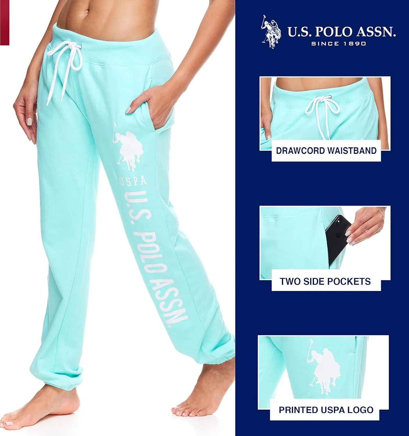 U.S. Polo Assn. Essentials Womens Sweatpants with Pockets, Comfy and Breathable French Terry Joggers for Women
